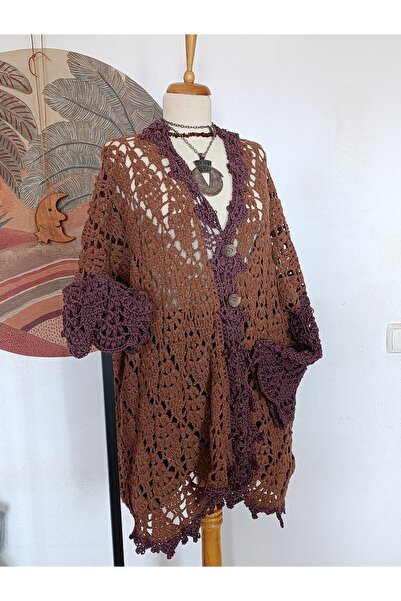 Hippybutik Kızıl Kahve Hardal İki Renkli El Örgüsü Ajurlu Hırka Kışlık Astars...