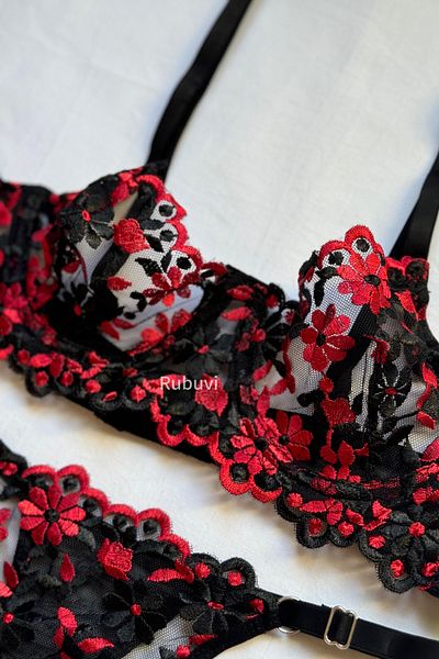 Rubuvi Μαύρο Γυναικείο Floral Underwire Lace Bralet Προίκα Εσώρουχα Σετ Σουτιέν Σετ Εσώρουχα