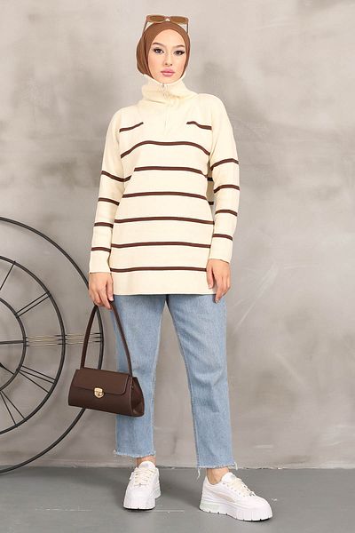 İmajButik Κρεμ / Καφέ Πλεκτό γιακά με φερμουάρ ριγέ χιτώνα