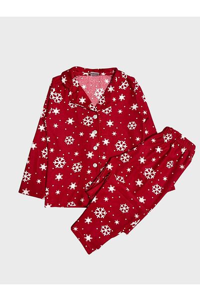 Fil Kids Girl's Red Suede Fabric Snow Print Christmas Christmas Themed Shirt Collar Button Pajamas Set