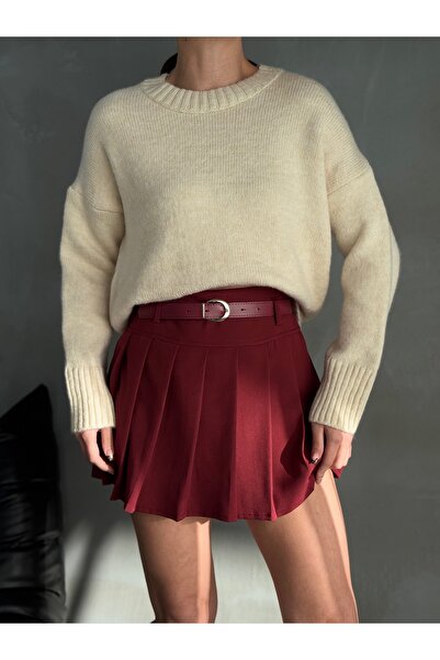 TİSHOOSTORE Kadın Kemerli Şort Astarlı Pileli Mini Etek