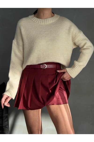 TİSHOOSTORE Women's Belted Shorts Lined Pleated Mini Skirt