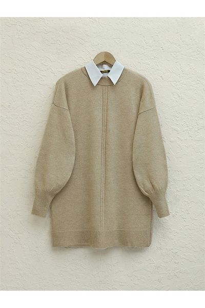 Modamorfo Mink Balloon Sleeve and Stripe Crew Neck Soft Sweater