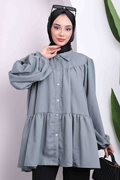 İmajButik Πουκάμισο με ελαστική φούστα με χακί μανίκι