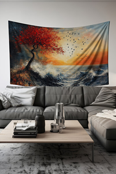 Moud's Kırmızı Ağaç Desenli Duvar Halısı Duvar Örtüsü Tapestry Süet Dokulu Kumaş