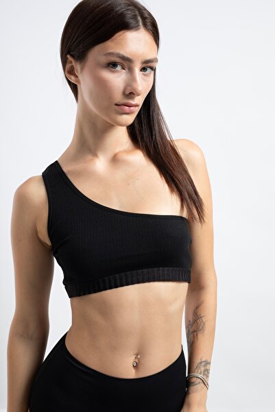 Kadın Siyah Pamuklu Tek Omuz Crop Top Büstiyer