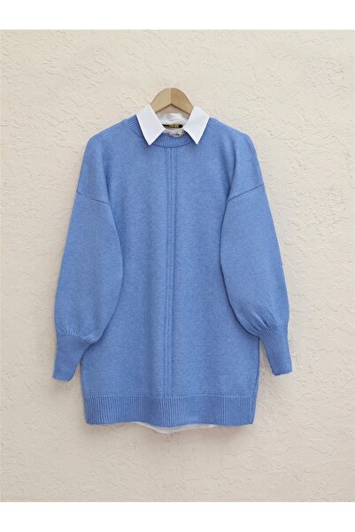 Modamorfo Blue Soft Sweater - Crew Neck, Balloon Sleeve and Stripe