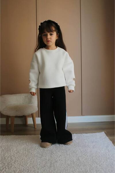 Lolliboomkids Girl's Sleeve Heart Cut Detailed Soft Cotton Tracksuit Set with Black and White Stripe