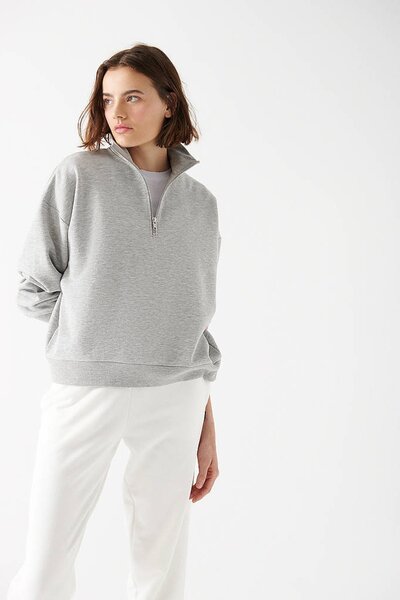 SERAZAT Hanorac negru de damă oversize cu jumătate de fermoar 100% bumbac