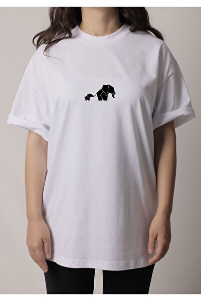 SWEATEE تي شيرت نسائي كبير الحجم مطبوع عليه فيل أسود وأبيض
