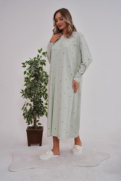 Mecit Pijama Βαμβακερό νυχτικό Interlock με στάμπα Heart and Star - Μακρύ μανίκι, γιακά με κουμπιά, Plus Size