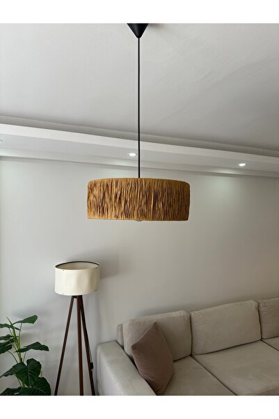 KorFam EL YAPIMI BOHEM SİLİNDİR  RUSTİK RAFYA AVİZE