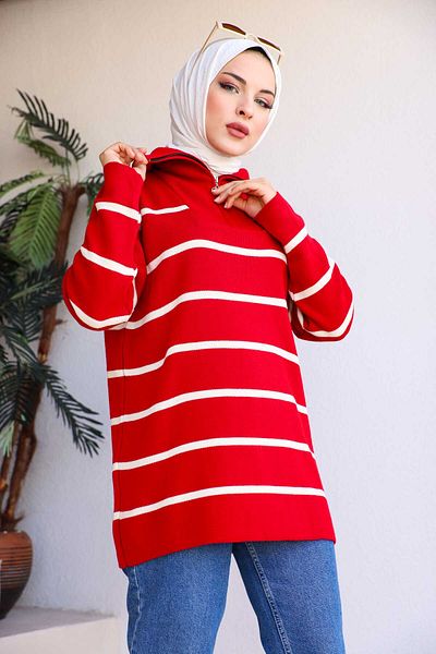 İmajButik Red Collar Zippered Striped Knitwear Tunic