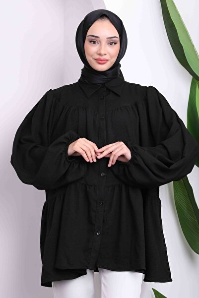 İmajButik Πουκάμισο με μαύρο μανίκι ελαστική φούστα