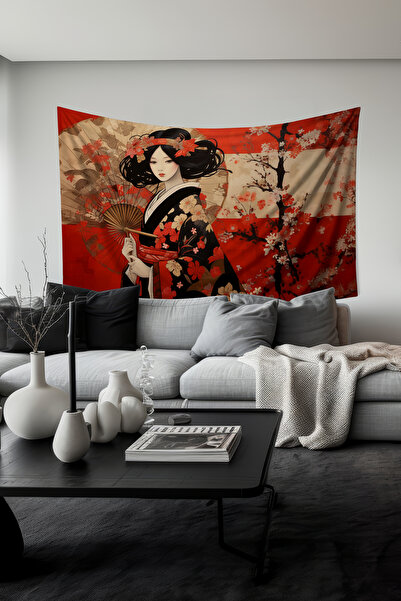 Moud's Sakura Güzelliği Desenli Duvar Halısı Duvar Örtüsü Tapestry Süet Dokul...