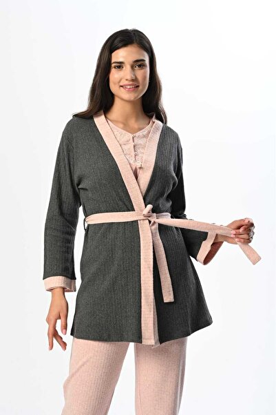 Genel Markalar Kadın Pudra Dantelli Desenli  Kışlık %100 Pamuk Hamile Lohusa Sabahlık Pijama Takımı Set