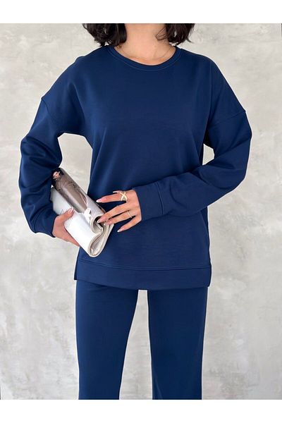 Pimody Γυναικείο Navy Blue Inside Ribbon Modal Χοντρό Φούτερ Κοστούμι Oys Ύφασμα