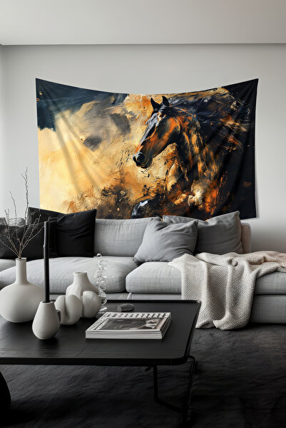 Moud's سجادة حائط بنمط حصان أسود ذهبي، قماش من جلد الغزال المزخرف
