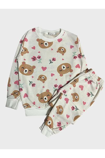 Fil Kids Girl's Ecru Raised Teddy Bear Heart Floral Print Long Sleeve Winter Pajamas Set