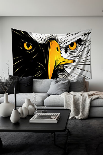 Moud's سجادة حائط منقوشة بنقشة النسر باللونين الأبيض والأسود، قماش من جلد الغزال