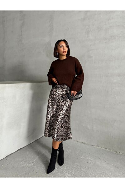 BEJNA Women's Leopard Patterned Satin Skirt