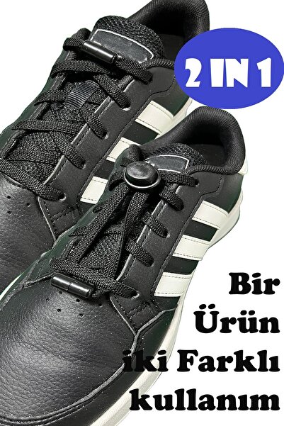 srtfootcare 2 in 1 Akıllı Kilitli Elastik Outdoor Ayakkabı Bağcığı 100cm 1 Çift Siyah