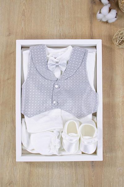 Sitilin 0-3 Years Old Baby Boy Gray Bow Tie and Vest Mevlit Set - Luxury Special Day and Mevlütlük Ornate Set Stl6860