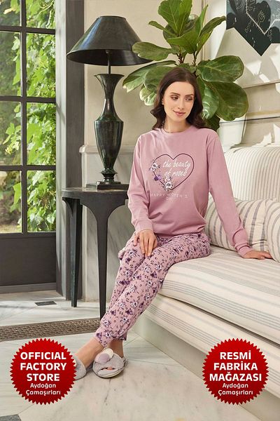 Aydoğan Lilac Pajamas Set for Women - 95% Cotton, Long Sleeve, Floral Print, Crew Neck B6-3 - 240579   Aydogan ®