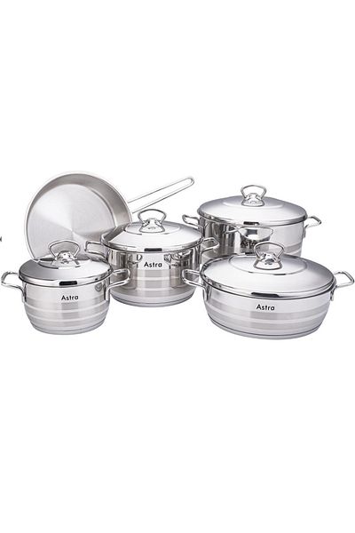 Astra 9-piece Cookware Set - 18/10 Cr-ni Stainless Steel - 3 Deep Pots - 1 Low Pot - 1 Frypan