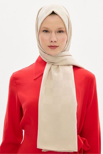 hijabchi Μπεζ Εισαγόμενο Μεταξένιο Ζακάρ Σάλι Σκακιέρας