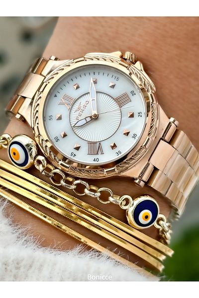 FERRO Brand Rose Color Steel Band White Dial Women's Wrist Watch+Bracelet