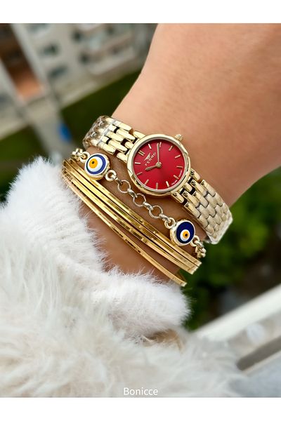 FERRO Brand Yellow Color Steel Band, Red Dial Mini Case Women Wristwatch+Bracelet
