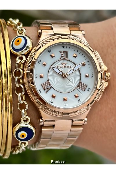 FERRO Brand Rose Color Steel Band White Dial Women's Wrist Watch+Bracelet