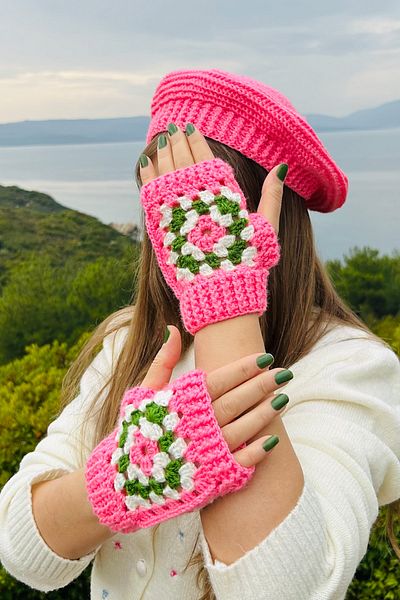 Mila Pink Hand Knitted Double Sided Beanie Gloves Set