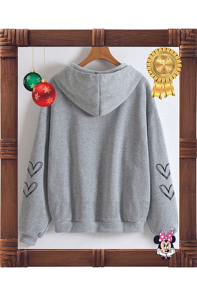 HOFFNUNG Cardigan cu fermoar cu 3 fire pentru femei, gri, cu glugă, cu fermoar, buzunar cangur, cu imprimeu gotic cu inimă