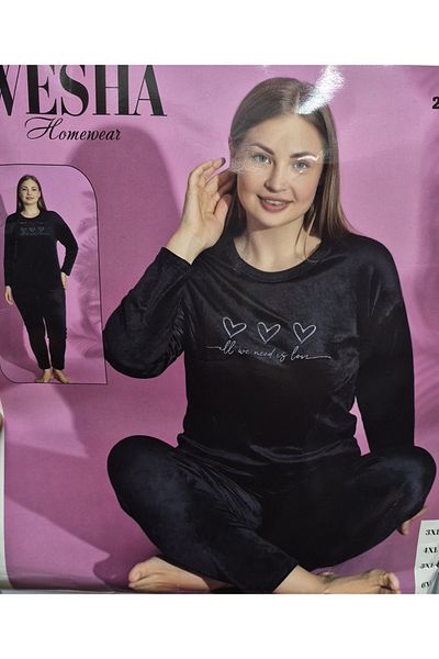 WESHA Women's Battal Big Size French Velvet Heart Embroidery Pajamas Set - Black