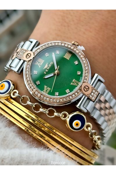 FERRO Brand Rose Silver Color Steel Band,Green Dial Women's Wristwatch+Bracelet