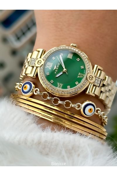 FERRO Brand Yellow Color Steel Band,Green Dial Women's Wristwatch+Bracelet
