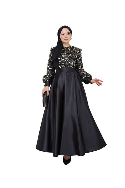 Ayşe Melek Satin Evening Dress 2537 Gold - Women's Clothing, Sequin Detailed Fashion Evening Dress