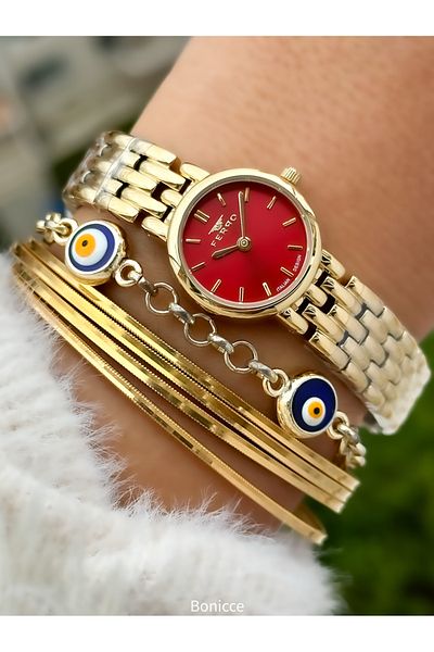 FERRO Brand Yellow Color Steel Band, Red Dial Mini Case Women Wristwatch+Bracelet