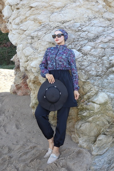 new ats Etnik Desenli Belden Ayarlanabilir Lastikli 3 'lü Tesettür Mayo