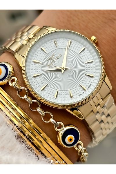 FERRO Brand Yellow Color Steel Band, White Dial Women's Wrist Watch+Bracelet