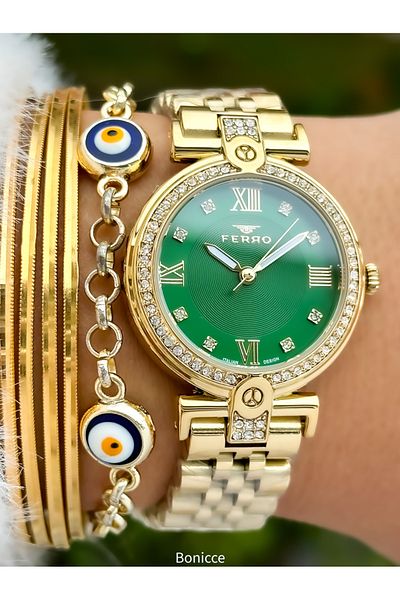 FERRO Brand Yellow Color Steel Band,Green Dial Women's Wristwatch+Bracelet