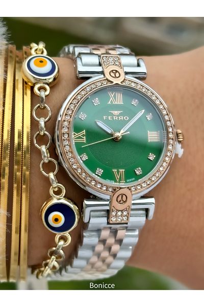FERRO Brand Rose Silver Color Steel Band,Green Dial Women's Wristwatch+Bracelet