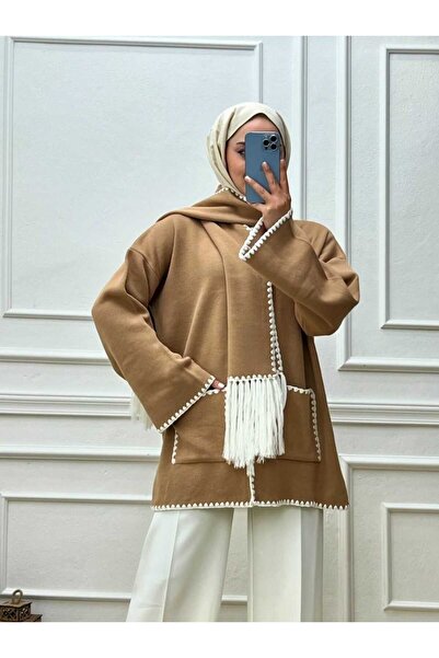 ELİSA Μαλακό καφέ παλτό από κασμίρ με λεπτομέρεια κεντήματος και κασκόλ