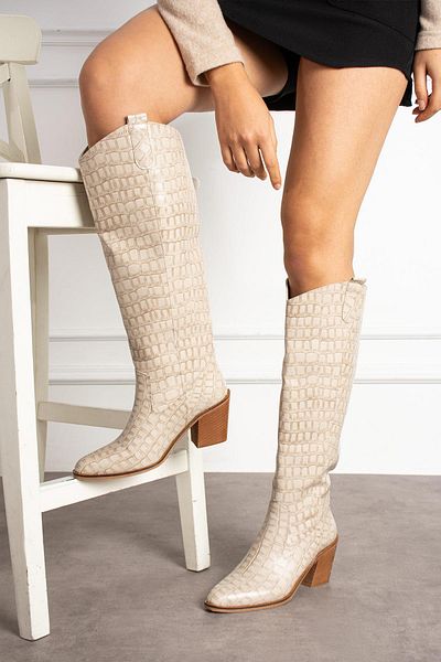 ShoeTek Μπεζ δερμάτινες γυναικείες μπότες Helia - Cowboy Crocodile Pattern