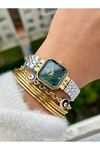 FERRO Brand Steel Cord, Silver Color, Small Cornered Case Women's Wrist Watch + Evil Eye Beaded Bracelet