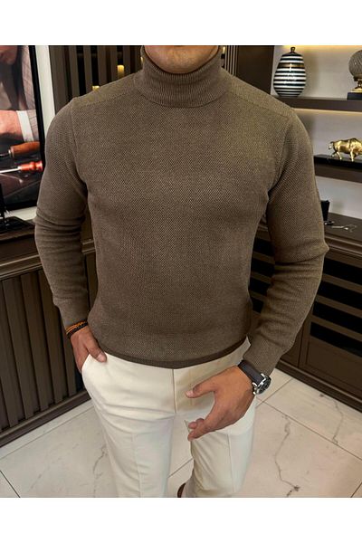 TerziAdemAltun Italian Style Slim Fit Turtleneck Knitwear Male Sweater Brown T13225