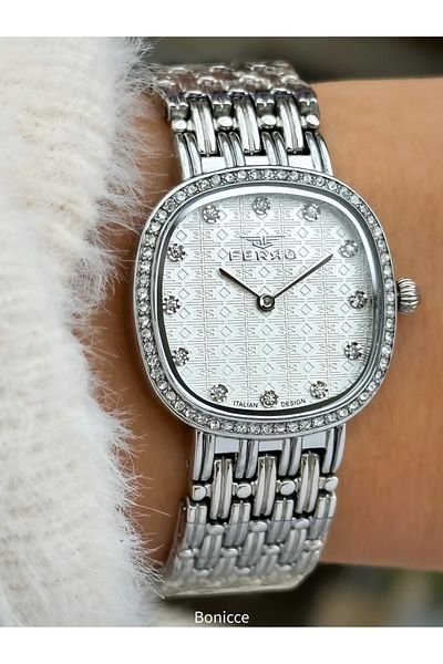 FERRO Brand Steel Band, Silver Color, White Dial Women's Wrist Watch + Evil Eye Beaded Bracelet