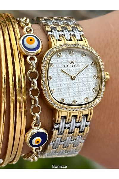 FERRO Brand Steel Band, Yellow Silver Color, White Dial Women's Wrist Watch + Evil Eye Beaded Bracelet